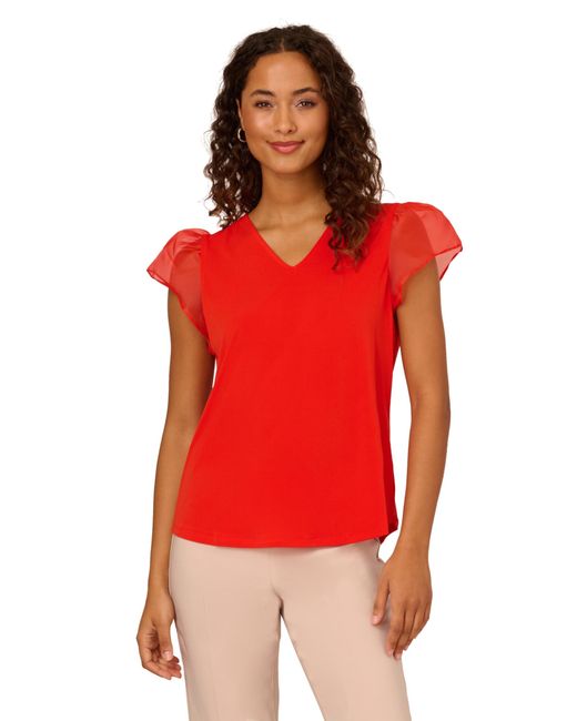 Adrianna Papell Red V-neck Knit Top With Organza Flutter Sleeves