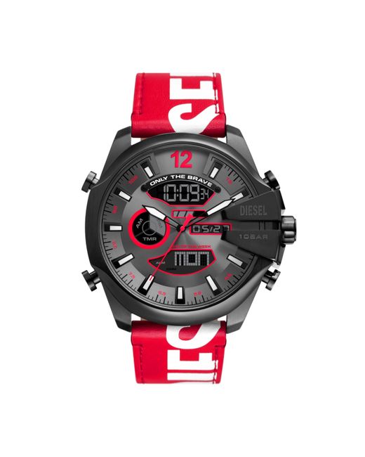 DIESEL Red Mega Chief Stainless Steel And Leather Analog-digital Watch for men