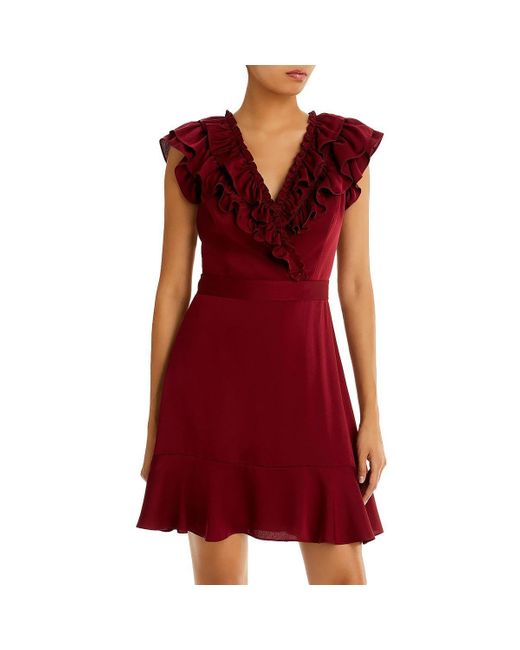 BCBGMAXAZRIA Red Short Fit And Flare Faux Wrap Evening Dress Cap Sleeve V Neck Ruffle Tie Waist