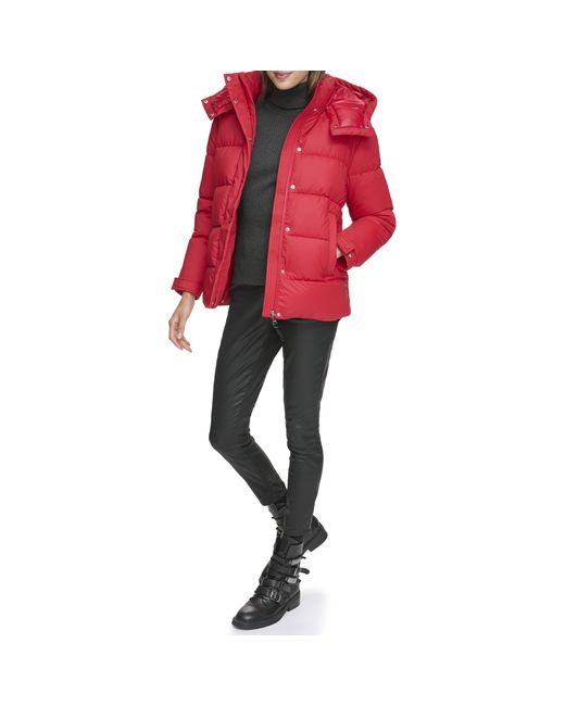 DKNY Red Hooded Puffer Coat