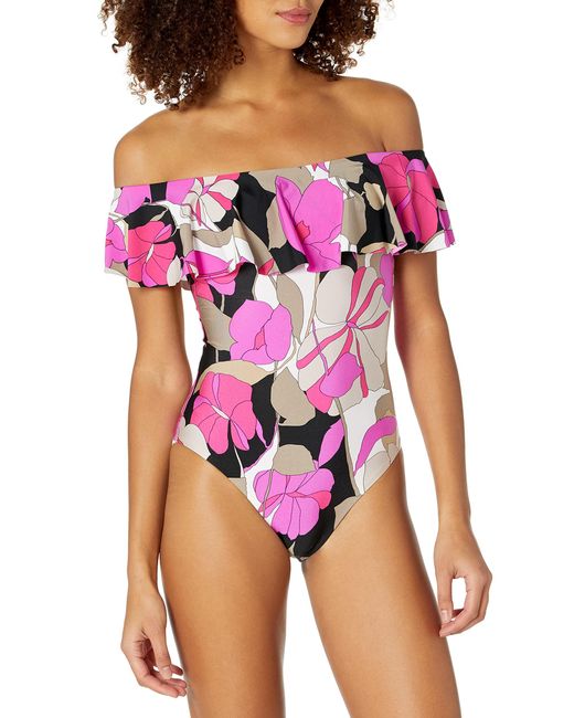 Trina Turk Standard Lynx Off The Shoulder Ruffle One Piece In Pink 