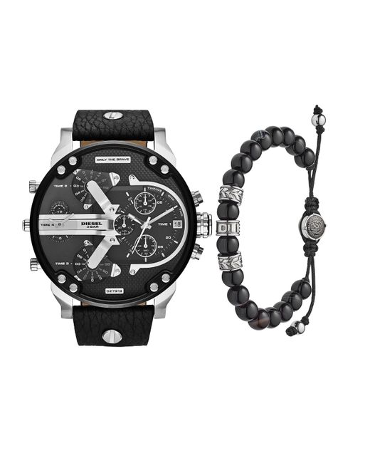 DIESEL Black Mr. Daddy 2.0 Stainless Steel Chronograph Quartz Watch + Beaded Bracelet for men