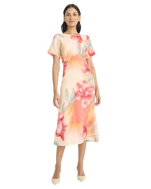 Maggy London Pink Floral Printed Midi Cocktail Dress With Boat Neckline And Empire Waist-wedding Guest Ready