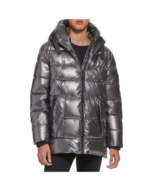 DKNY Gray Snap-side Glossy Puffer Outerwear Jacket