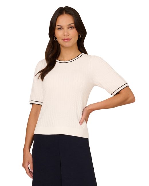 Adrianna Papell White Crew Neck Cable Scalloped Edge Tipped Short Sleeve Sweater