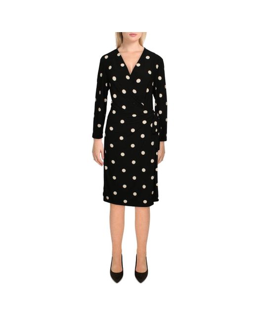 Anne Klein Black Long Sleeve Polka Dot Jersey Wrap Dress