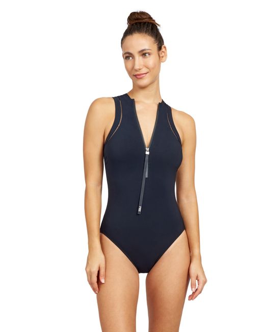 Gottex Blue Standard Free Sport Champion Solid High Neck One Piece Swimsuit With Zip