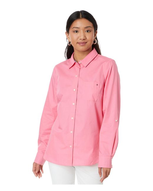 Tommy Hilfiger Pink Button-Down-Langarmhemd mit Kragen und Brusttasche