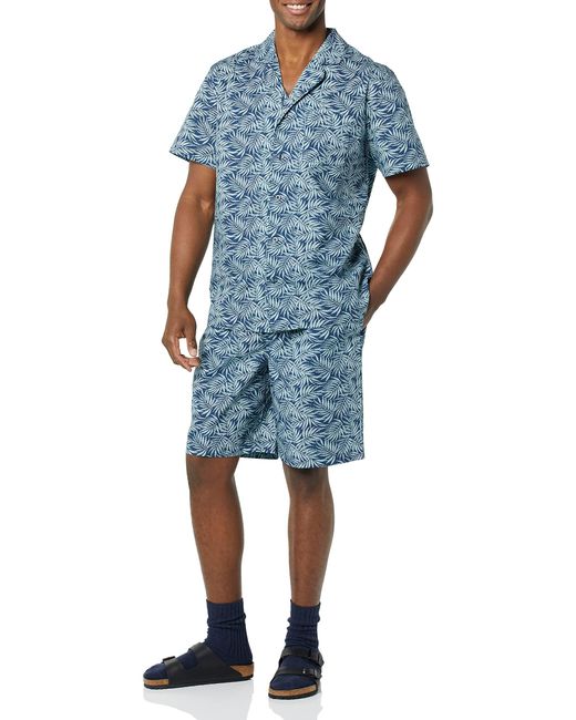 Amazon Essentials Blue Lightweight Woven Notch Collar Short Pajama Set for men