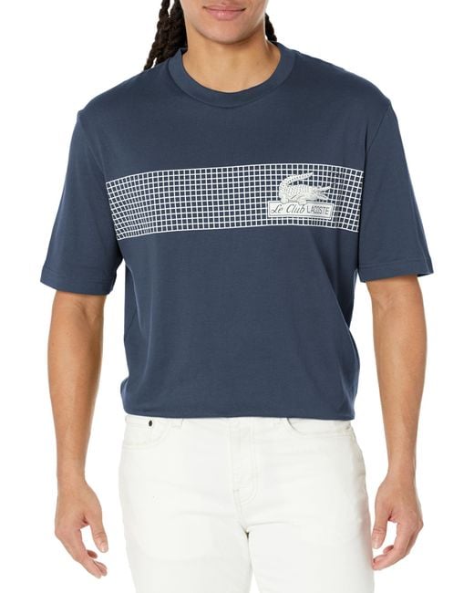 Lacoste Blue Contemporary Collection's Short Sleeve Loose Fit Tennis Net Graphic Tee Shirt for men