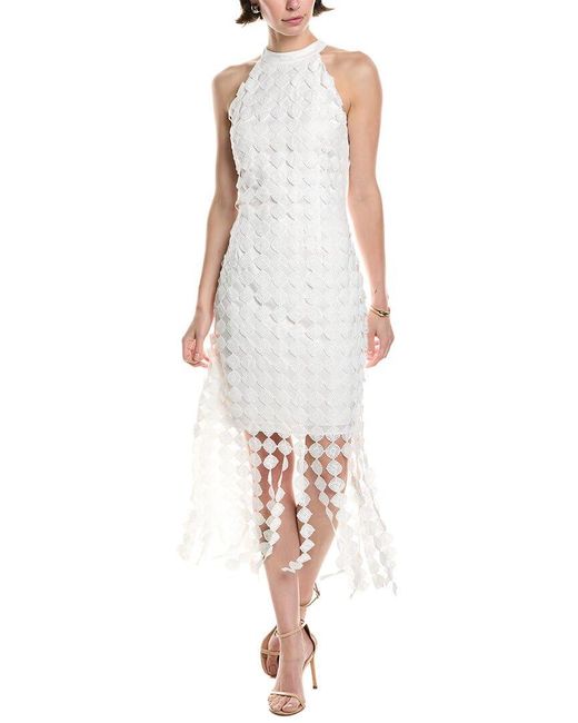 Anne Klein White Fringe Mesh Lace Midi Dress