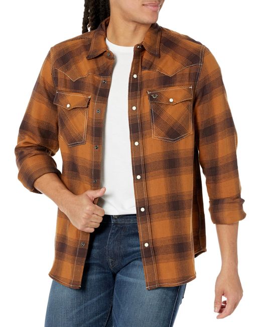 True Religion Brown Brand Jeans Western Plaid Long Sleeve Shirt for men