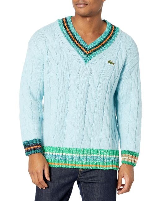 Lacoste Blue Long Sleeve V-neck Colorblock Cableknit Sweater for men