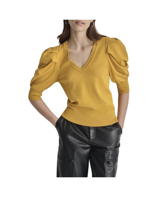 DKNY Women's Yellow Workwear V Neck Knit Sweater