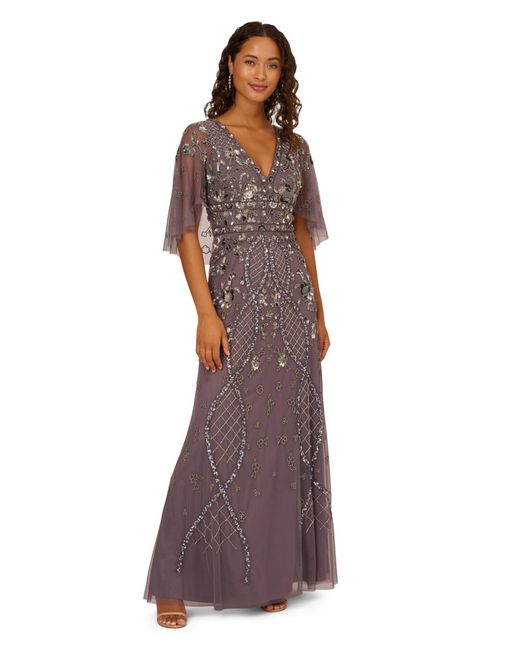 Adrianna Papell Purple Beaded Cape Sleeve Long Dress