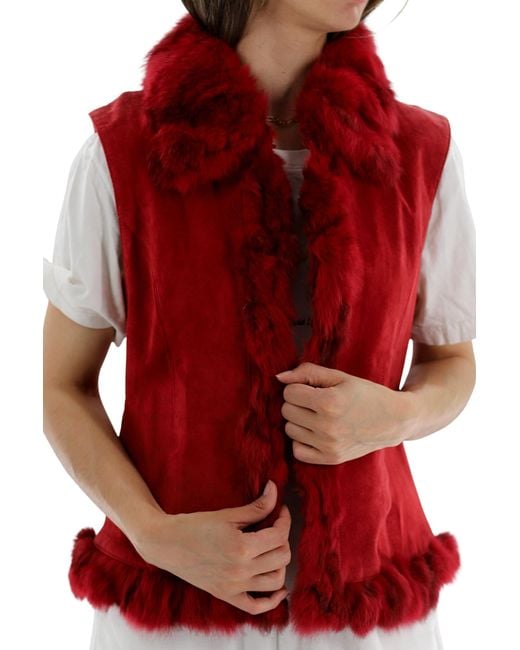La Fiorentina Red Suede Leather Vest With Fur Trim