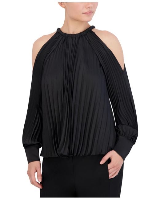 BCBGMAXAZRIA Black Cold Shoulder Long Sleeve Crew Neck Pleated Satin Blouse