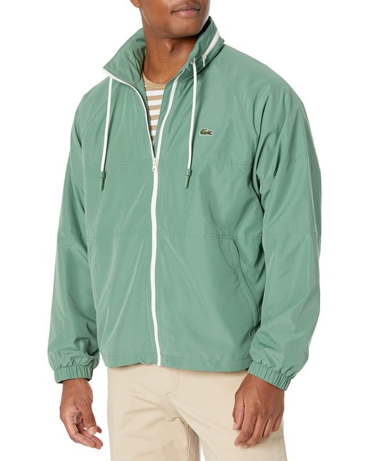 Lacoste Green Long Sleeve Solid Taffeta Full Zip Hoodie for men