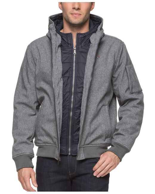 tommy hilfiger men's soft shell fashion bomber with contrast bib and hood