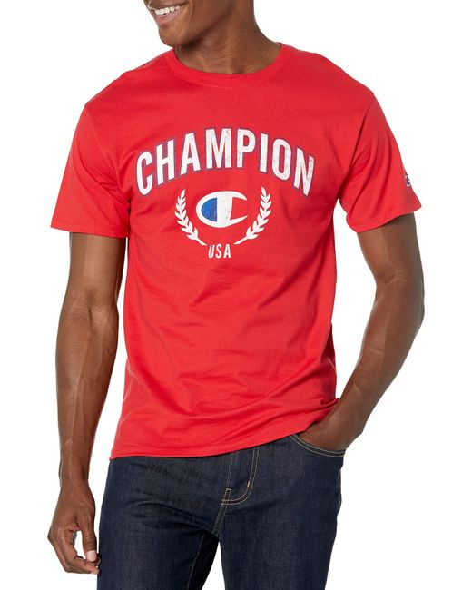 Champion Red , Cotton Midweight Crewneck Tee,t-shirt For , Fashion Graphics, Scarlet Arch Over C Logo, Xx-large for men