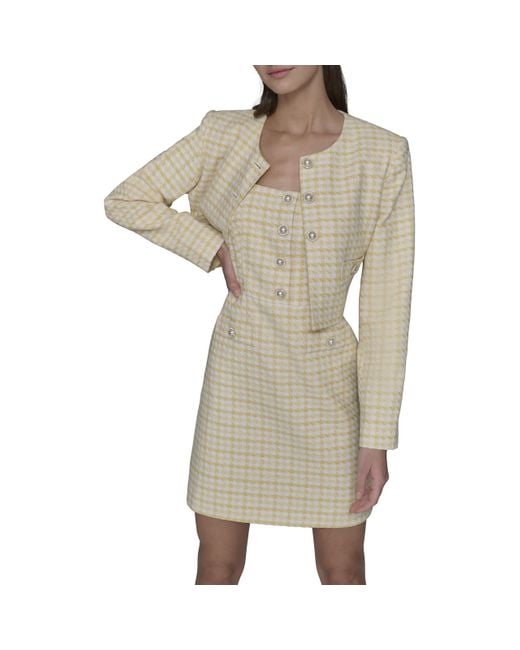 Karl Lagerfeld Natural Paris Tweed Printed Scoop Neck Cropped Jacket