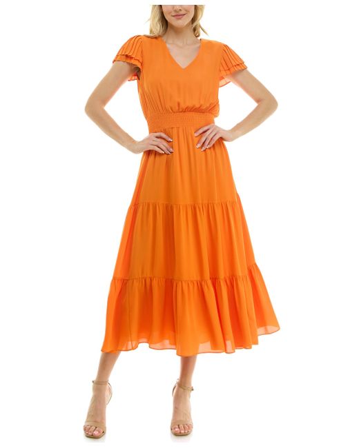 Nanette Lepore Orange Tiered Pull On Fully Lined Dress With Smock Waist And Pleated Flutter Sleeve