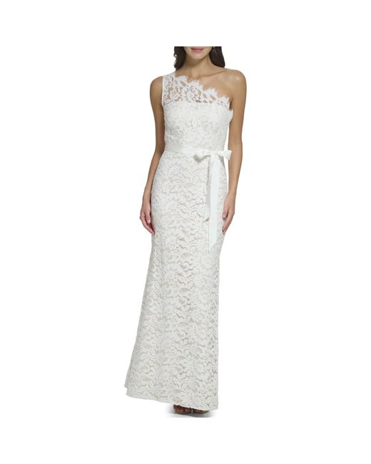 Eliza J Gray Sleeveless One Shoulder Lace Gown Dress
