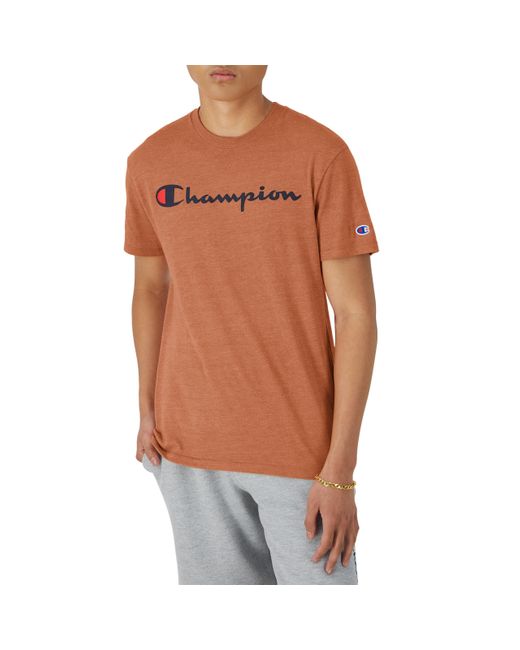 Champion , Powerblend, Lightweight Crewneck, Comfortable T-shirt, Texas Orange Heather Script, Medium for men
