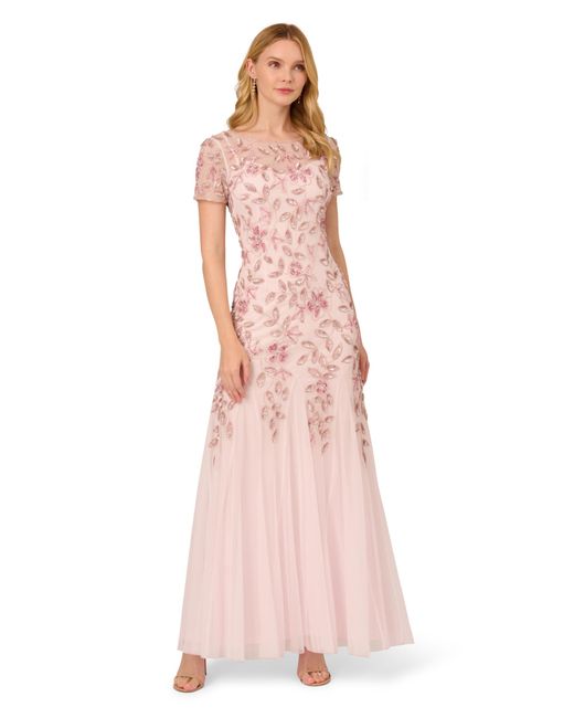 Adrianna Papell Pink Beaded Gown With Godets