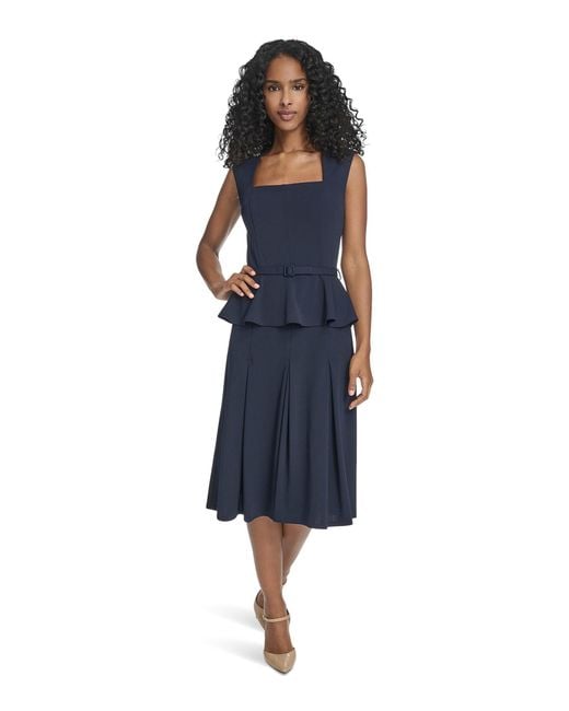 Calvin Klein Blue Cap Sleeve Square Neck Belted Scuba Crepe Peplum Midi Dress