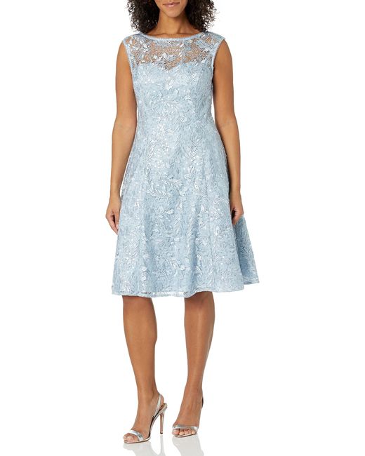 Adrianna Papell Blue Embroidered Midi Cocktail Dres