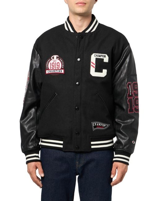 Champion Black Letterman Varsity Bomber Jacket With Patches for men