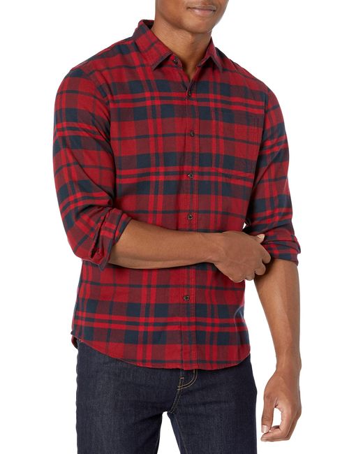 Essentials mens Regular-fit Long-sleeve Plaid Flannel Shirt Button-Down Shirt