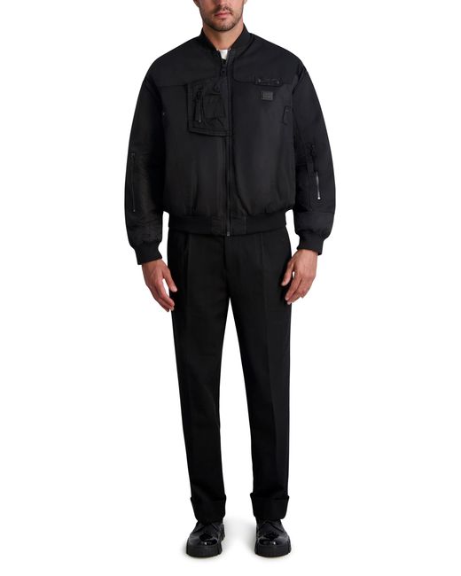 Karl Lagerfeld Black Paris All Over Patches Long Sleeve Solid Bomber Jacket for men