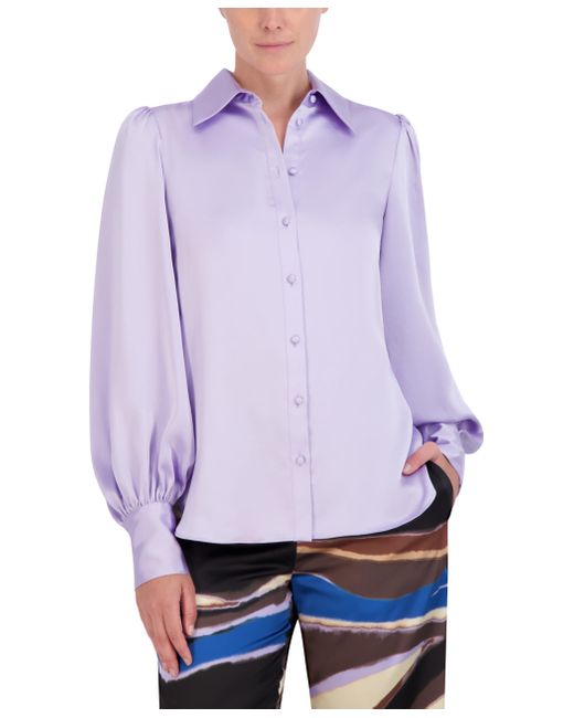 BCBGMAXAZRIA Purple Long Balloon Sleeve Collar Neck Satin Shirt