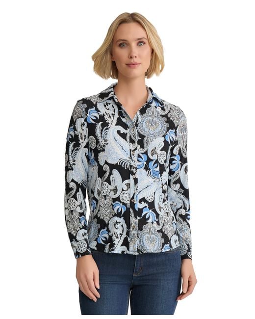 Jones New York Women's Blue Petite Long Sleeve Printed Jersey Button-front  Shirt - www.nationalbodyline.in