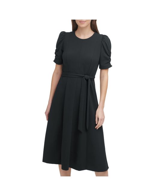DKNY Black V-neck Short Puff Sleeve Dress