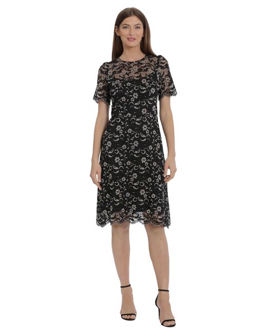 Maggy London Black Short Sleeve Lace High-low Dress With Keyhole In Back