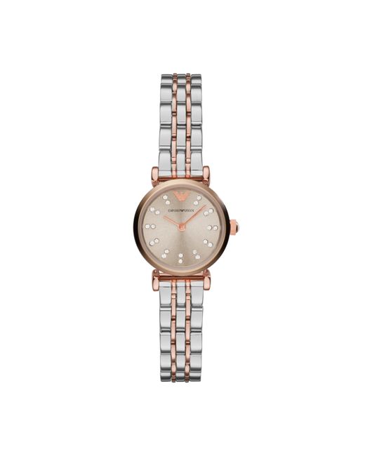 Emporio Armani Metallic Two-hand Silver And Rose Gold Two-tone Stainless Steel Bracelet Watch