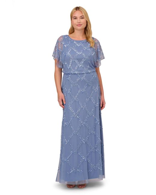 Adrianna Papell Blue Plus Size Beaded Blouson Gown