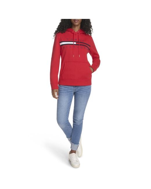 Tommy Hilfiger Red Fleece Soft Pullover Hoodie Sweater Sweatshirt