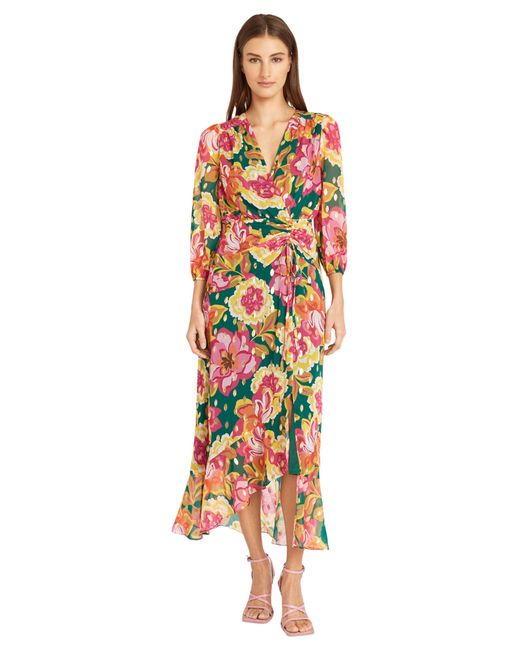 Donna Morgan Multicolor Foil Printed Wrap Look With Ruching Details | Long Sleeve Maxi Dress
