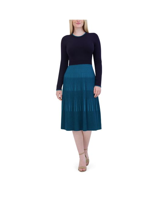 Eliza J Women's Blue 3/4 Sleeve Mock Neck Rib Detail Midi Sweater Dress