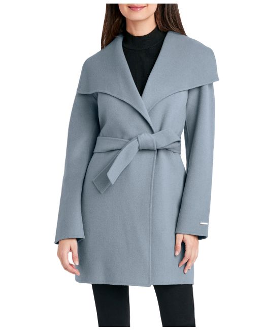 Tahari Blue Lightweight Wool Wrap Coat With Tie Belt