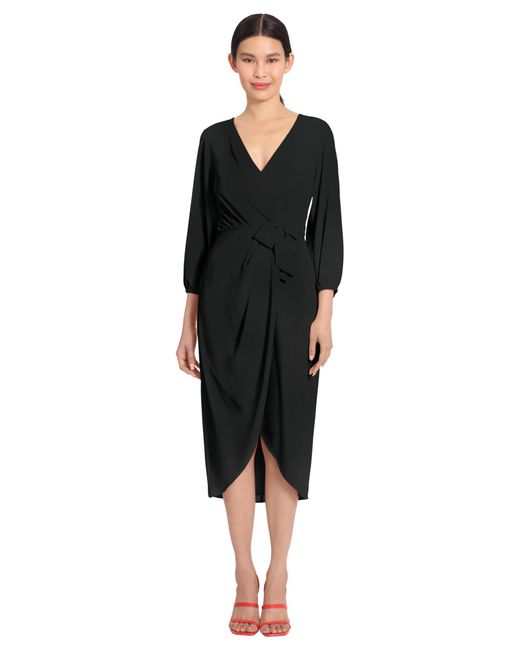Maggy London Black Long Sleeve V-neck Faux Wrap Crepe Dress Event Party Occasion Guest Of
