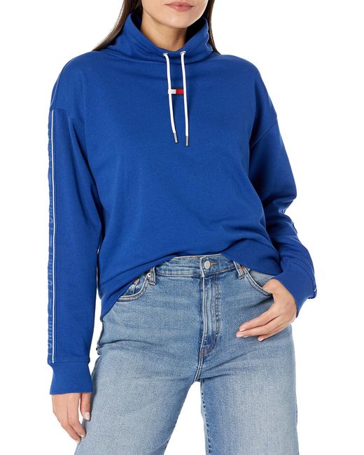 Tommy Hilfiger Blue Cowl Neck Logo Flag On Chest Pullover Draw Cords Long Sleeve