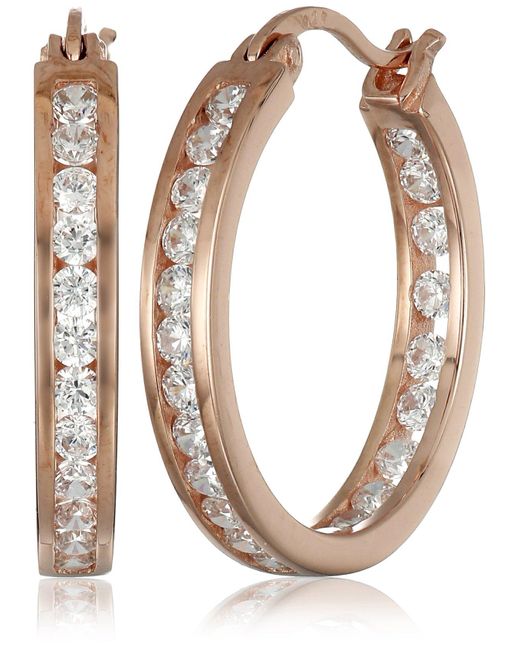 Amazon Essentials Metallic Rose Goldtone Finish Silver Cubic Zirconia Medium Round Hoop Earrings