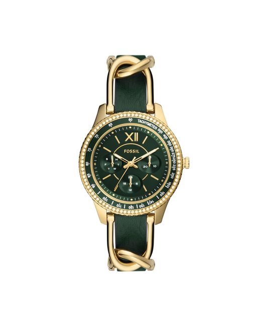 Fossil Stella Sport Quartz Stainless Steel And Eco Leather Multifunction Watch in Gold/Green 