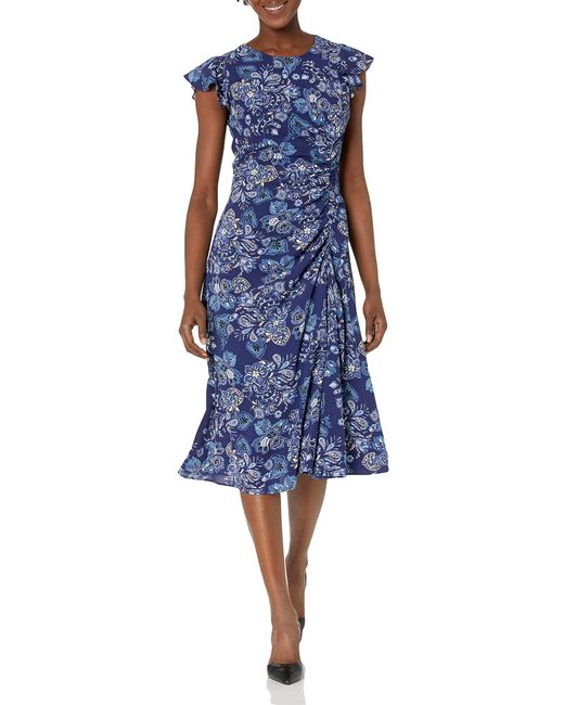 Vince Camuto Pebble Crepe Flutter Sleeve Midi With Ruched Front in Blue