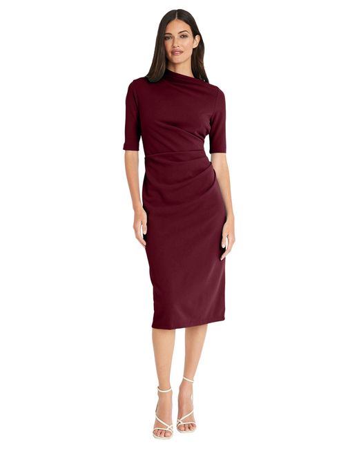 Maggy London Red Side Pleat Dress With Asymmetric Neck And Elbow Sleeves